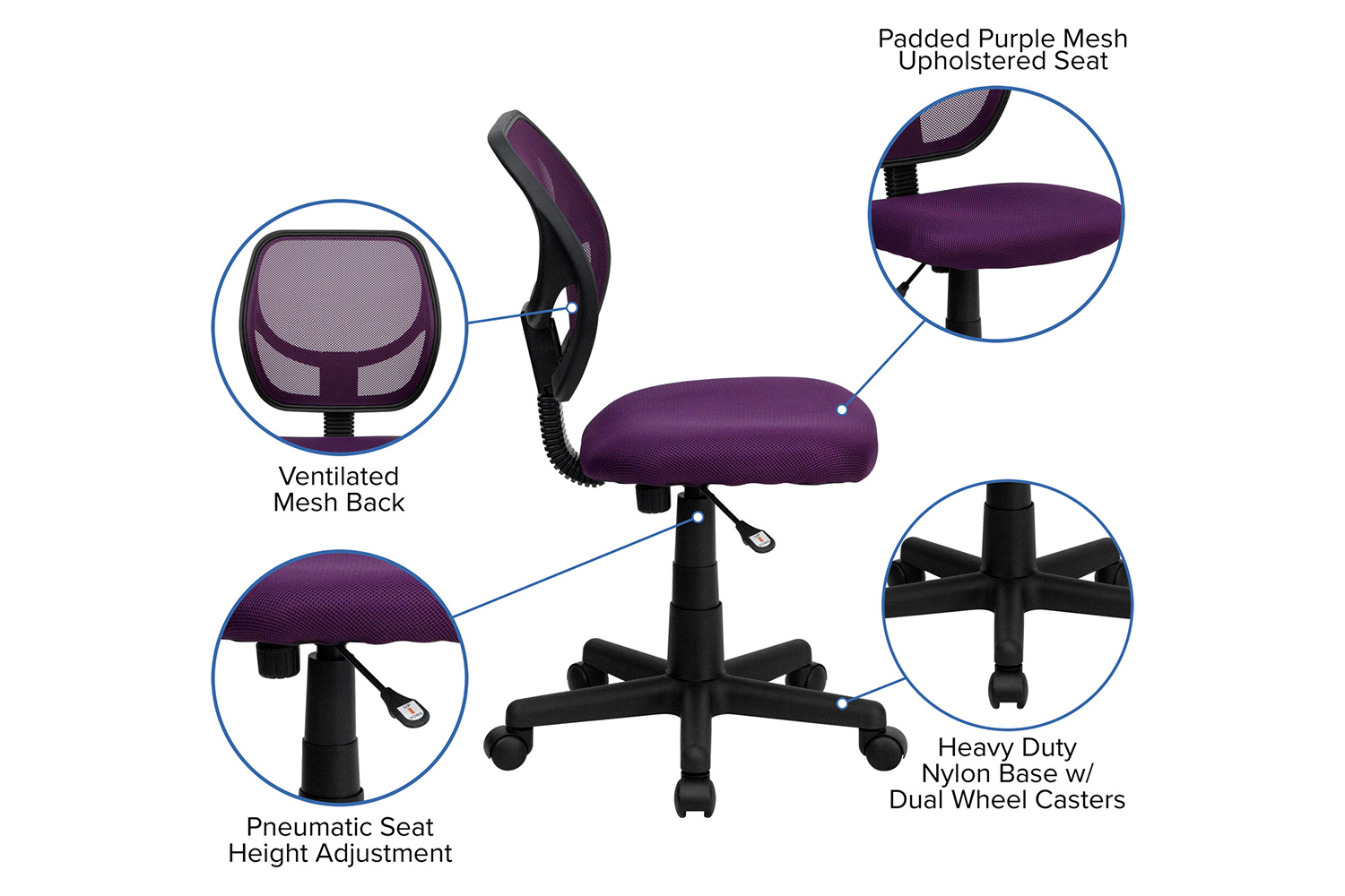 BLNK Neri Low-Back Mesh Swivel Task Office Chair with Curved Square Back - Purple