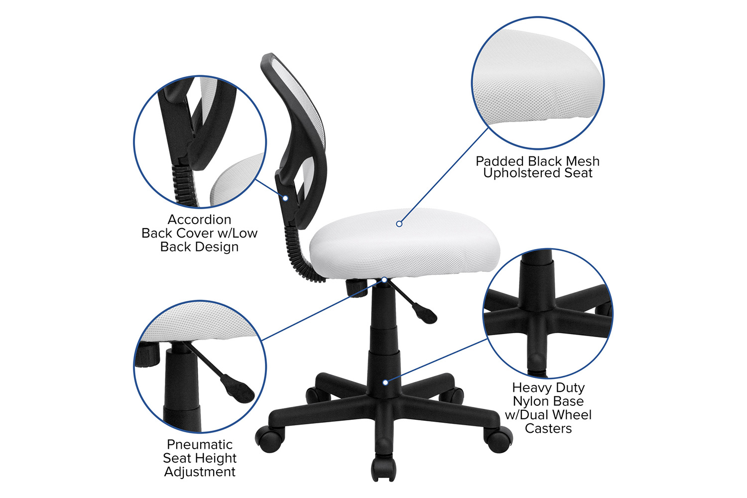 BLNK Neri Low-Back Mesh Swivel Task Office Chair with Curved Square Back - White