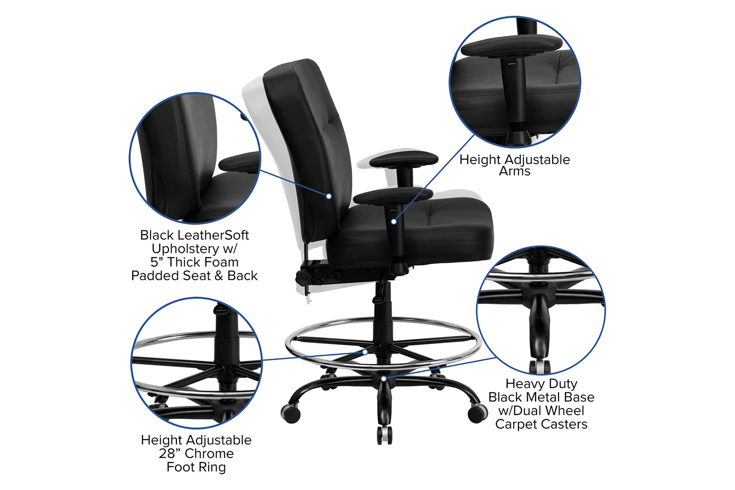 BLNK - HERCULES Series LeatherSoft Ergonomic Drafting Chair with Adjustable Arms