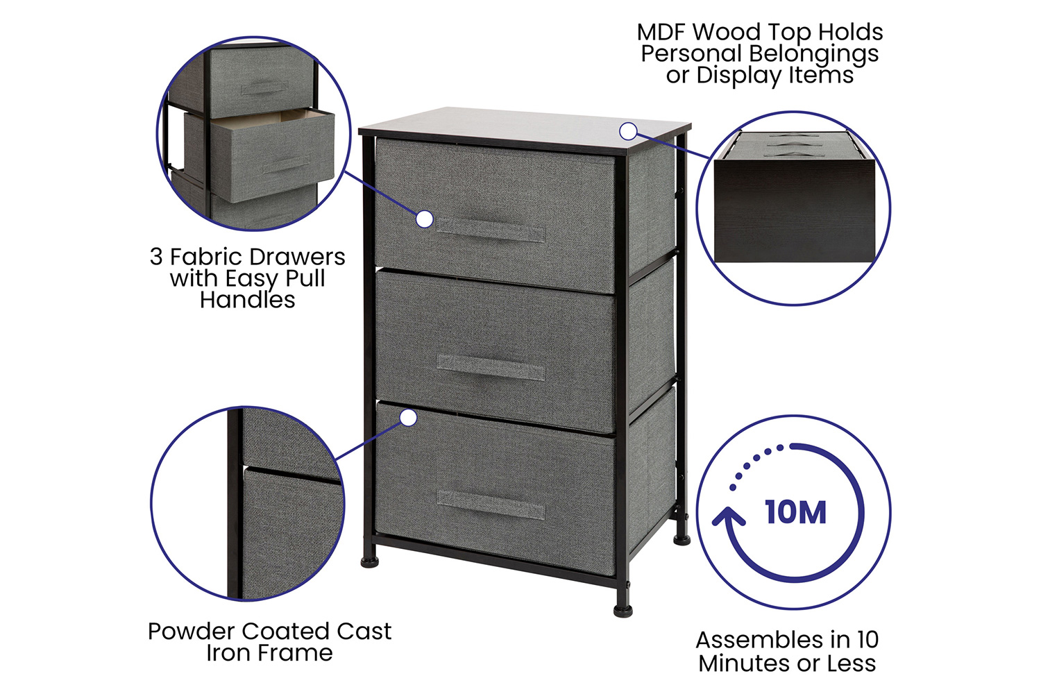 BLNK Harris 3 Drawer Wood Top Iron Frame Vertical Storage Dresser with Easy Pull Drawers - Black/Dark Gray