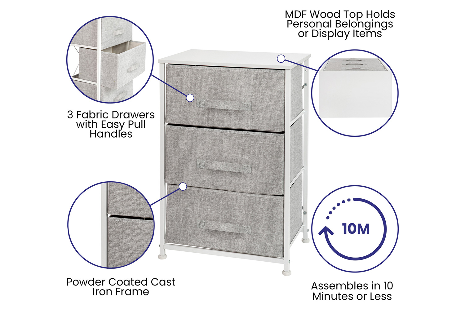 BLNK Harris 3 Drawer Wood Top Iron Frame Vertical Storage Dresser with Easy Pull Drawers - White/Light Gray