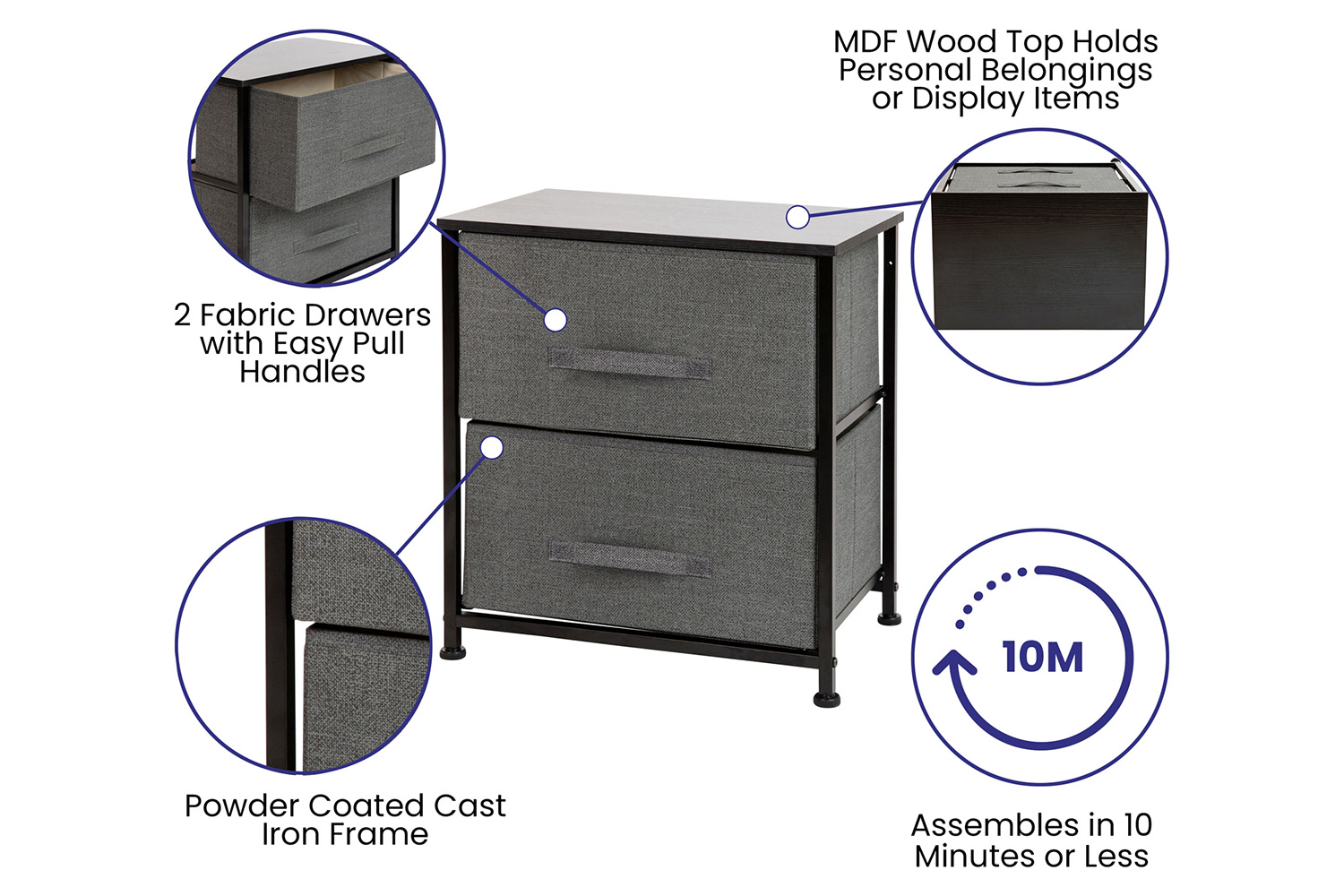 BLNK Harris 2 Drawer Wood Top Nightstand Storage Organizer with Cast Iron Frame and Easy Pull Fabric Drawers - Black/Dark Gray