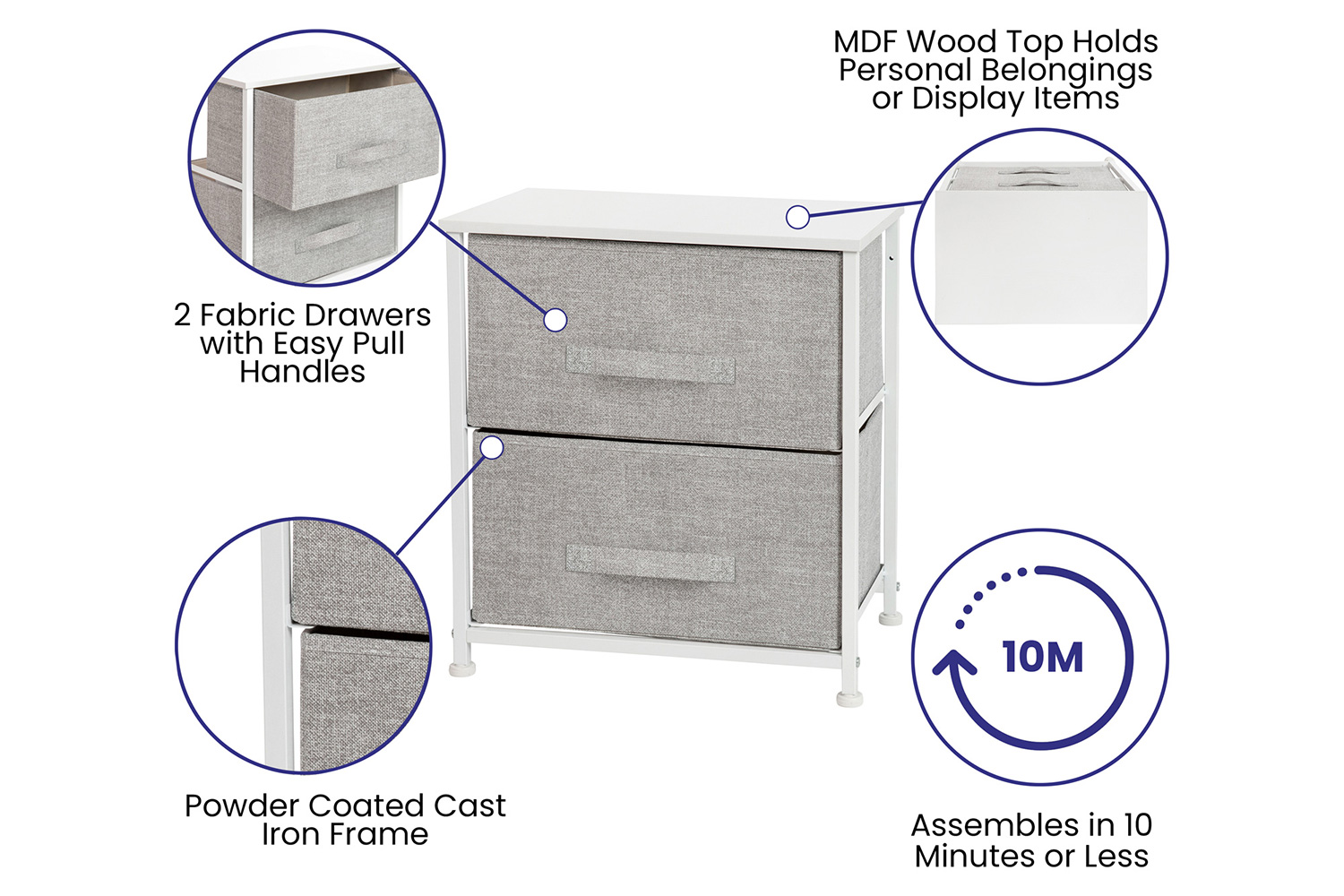 BLNK Harris 2 Drawer Wood Top Nightstand Storage Organizer with Cast Iron Frame and Easy Pull Fabric Drawers - White/Light Gray