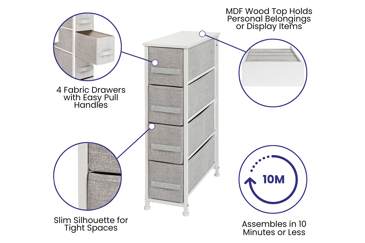 BLNK Harris 4 Drawer Slim Wood Top Iron Frame Dresser Storage Tower with Easy Pull Drawers - White/Light Gray