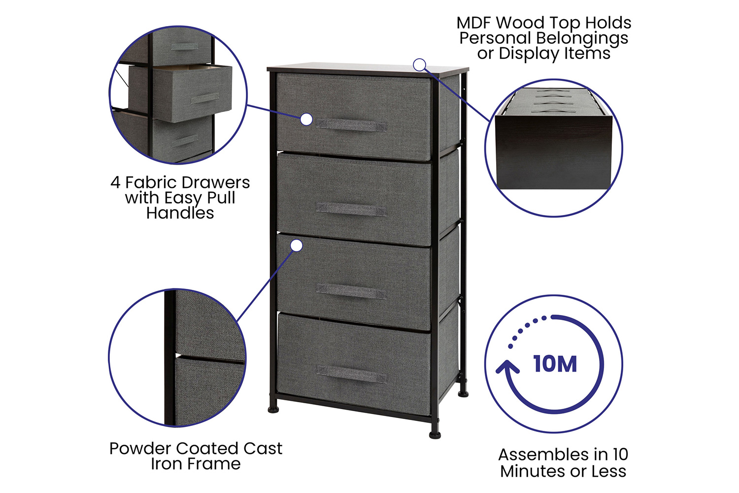 BLNK Harris 4 Drawer Wood Top Iron Frame Vertical Storage Dresser with Easy Pull Drawers - Black/Dark Gray