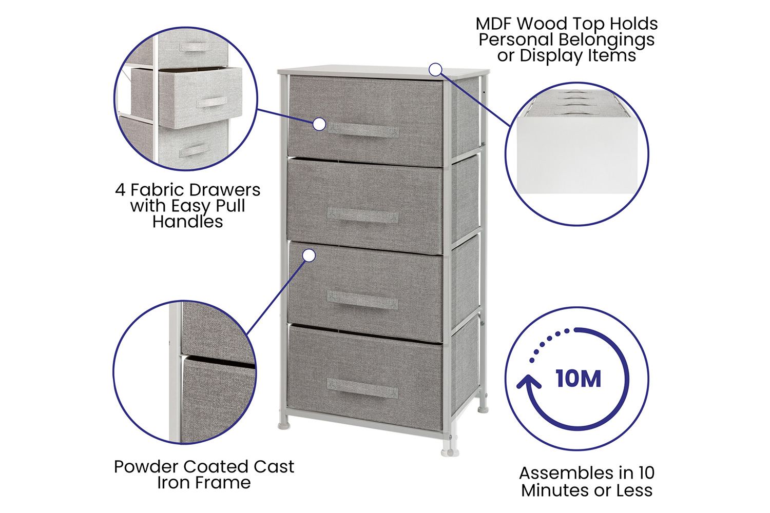 BLNK Harris 4 Drawer Wood Top Iron Frame Vertical Storage Dresser with Easy Pull Drawers - White/Light Gray