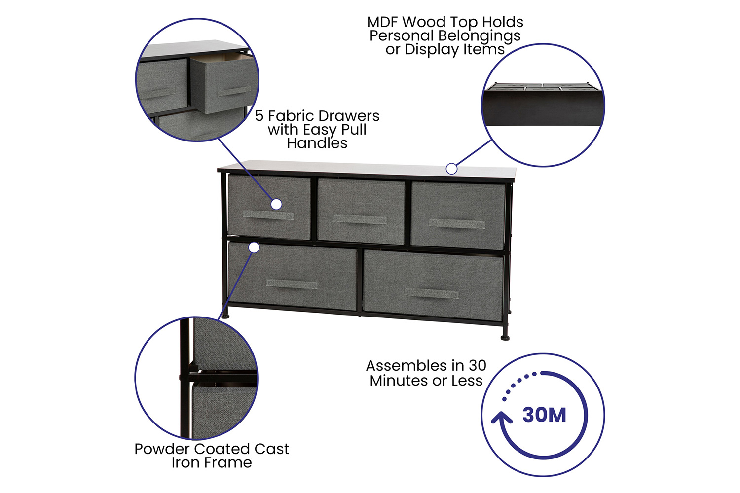 BLNK Harris 5 Drawer Wood Top Iron Frame Vertical Storage Dresser with Easy Pull Drawers - Black/Dark Gray