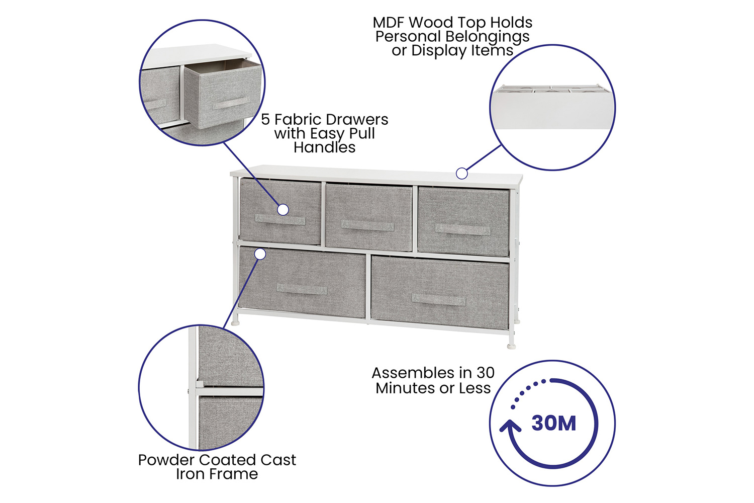 BLNK Harris 5 Drawer Wood Top Iron Frame Vertical Storage Dresser with Easy Pull Drawers - White/Light Gray