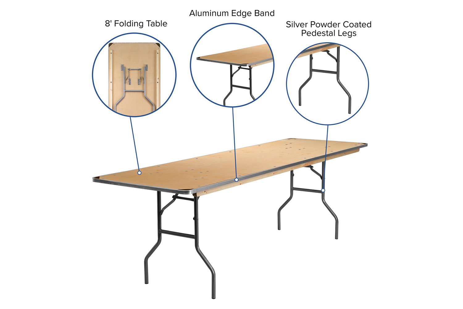 BLNK Fielder Rectangular Birchwood Heavy Duty Folding Banquet Table with Metal Edges and Protective Corner Guards - 2.5'W x 8'L