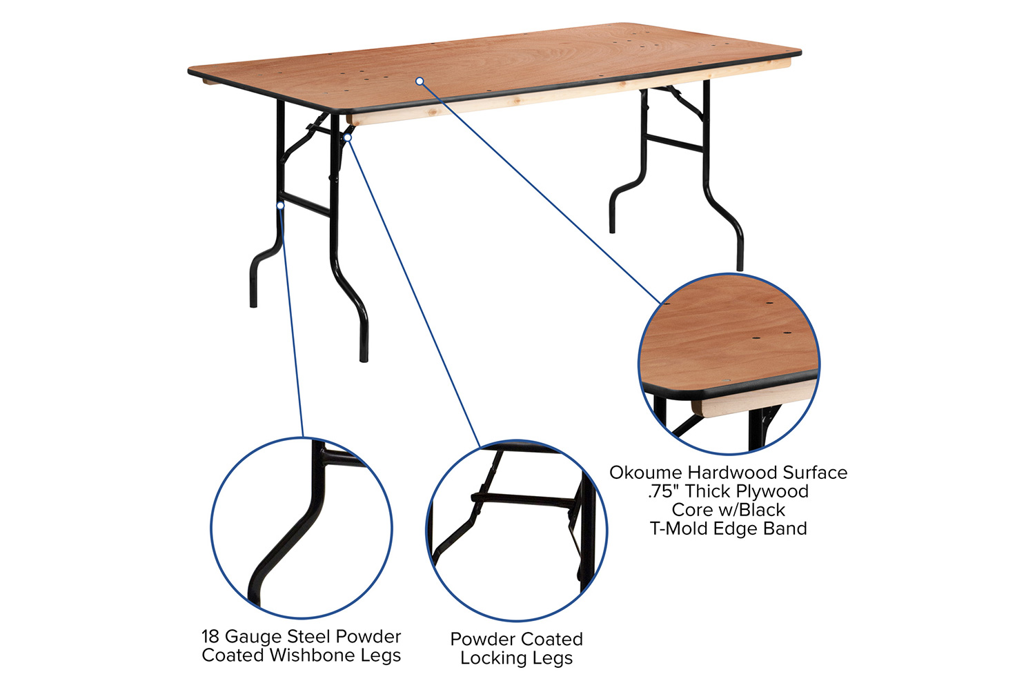 BLNK Fielder Rectangular Wood Folding Banquet Table with Clear Coated Finished Top - 6'W x 3'L