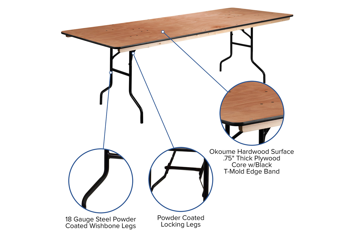 BLNK Fielder Rectangular Wood Folding Banquet Table with Clear Coated Finished Top - 3'W x 8'L