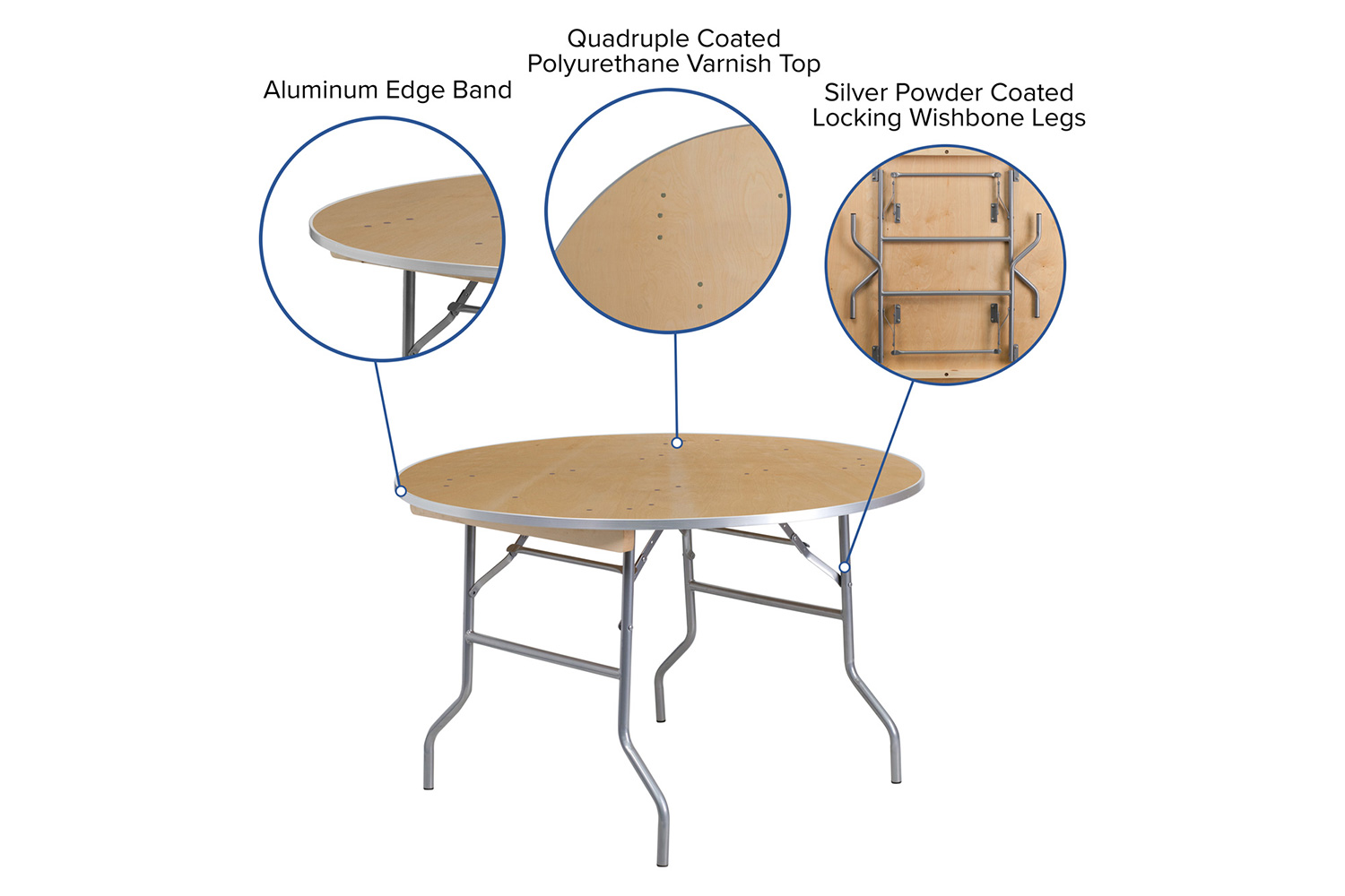 BLNK Fielder Round Birchwood Heavy Duty Folding Banquet Table with Metal Edges - 4'D