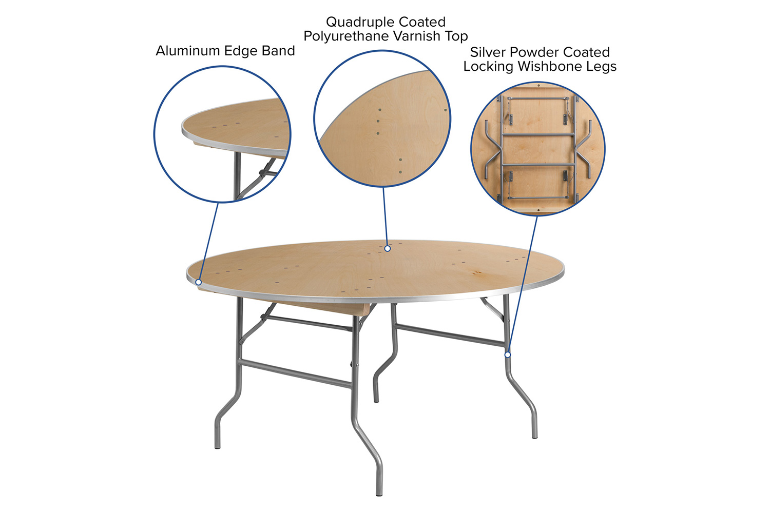 BLNK Fielder Round Birchwood Heavy Duty Folding Banquet Table with Metal Edges - 5'D