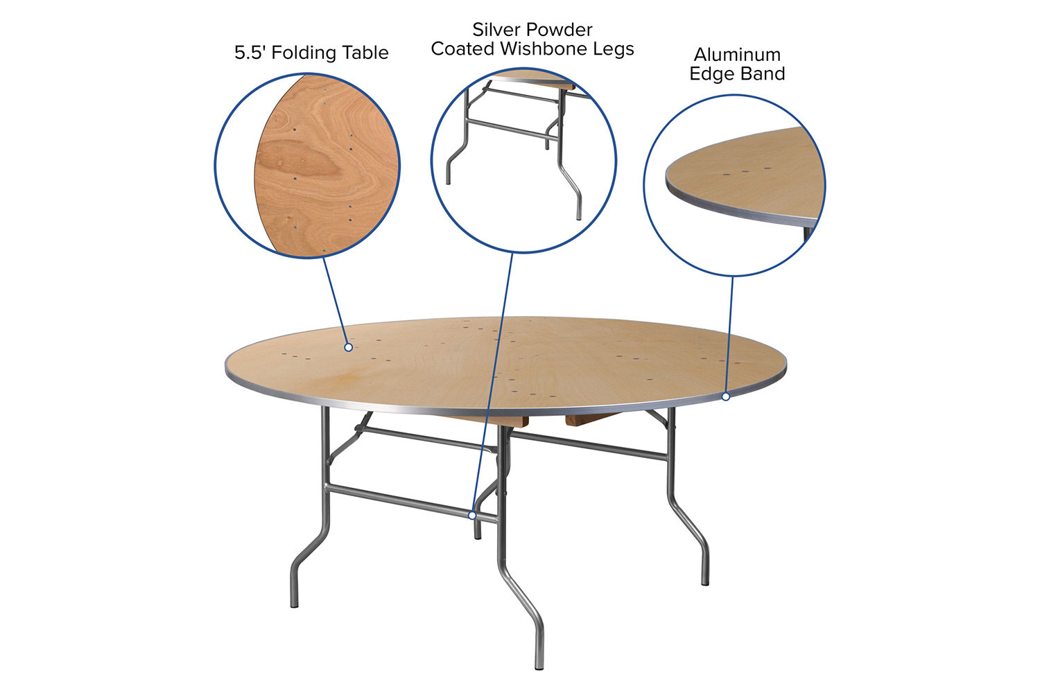 BLNK Fielder Round Birchwood Heavy Duty Folding Banquet Table with Metal Edges - 5.5'D