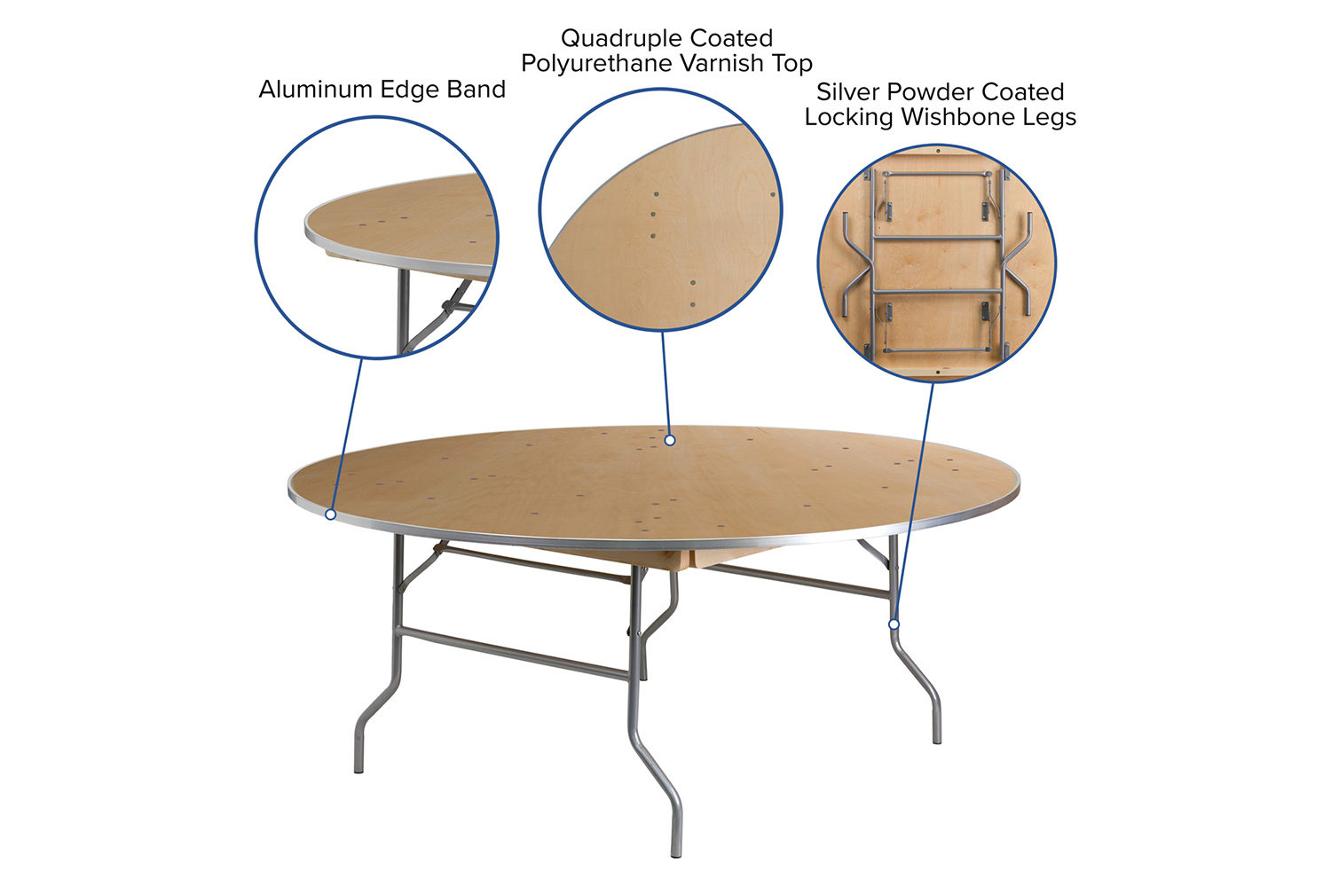 BLNK Fielder Round Birchwood Heavy Duty Folding Banquet Table with Metal Edges - 6'D