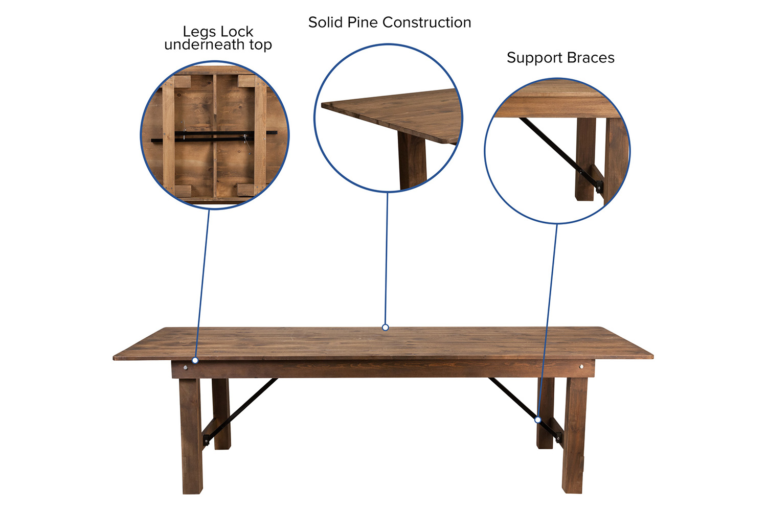 BLNK HERCULES Series Rectangular Antique Rustic Solid Pine Folding Farm Table - Natural, 40"W x 9'L