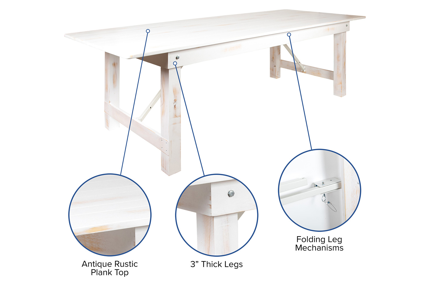 BLNK HERCULES Series Rectangular Antique Rustic Solid Pine Folding Farm Table - White, 40"W x 9'L