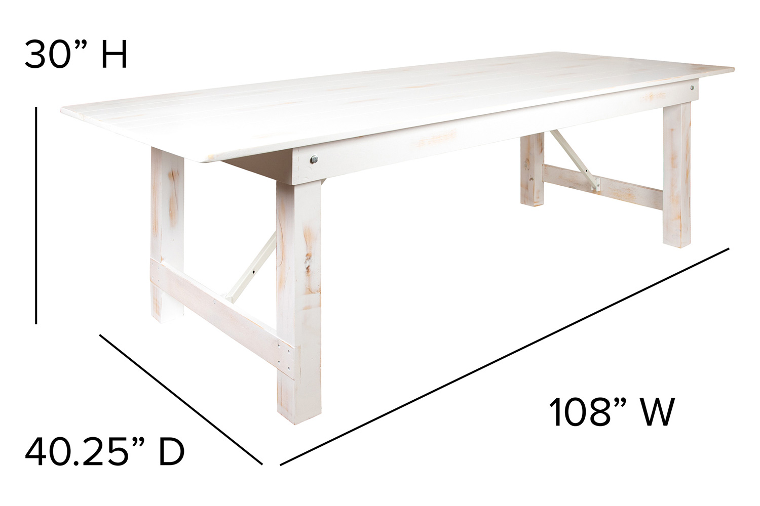 BLNK HERCULES Series Rectangular Antique Rustic Solid Pine Folding Farm Table - White, 40"W x 9'L