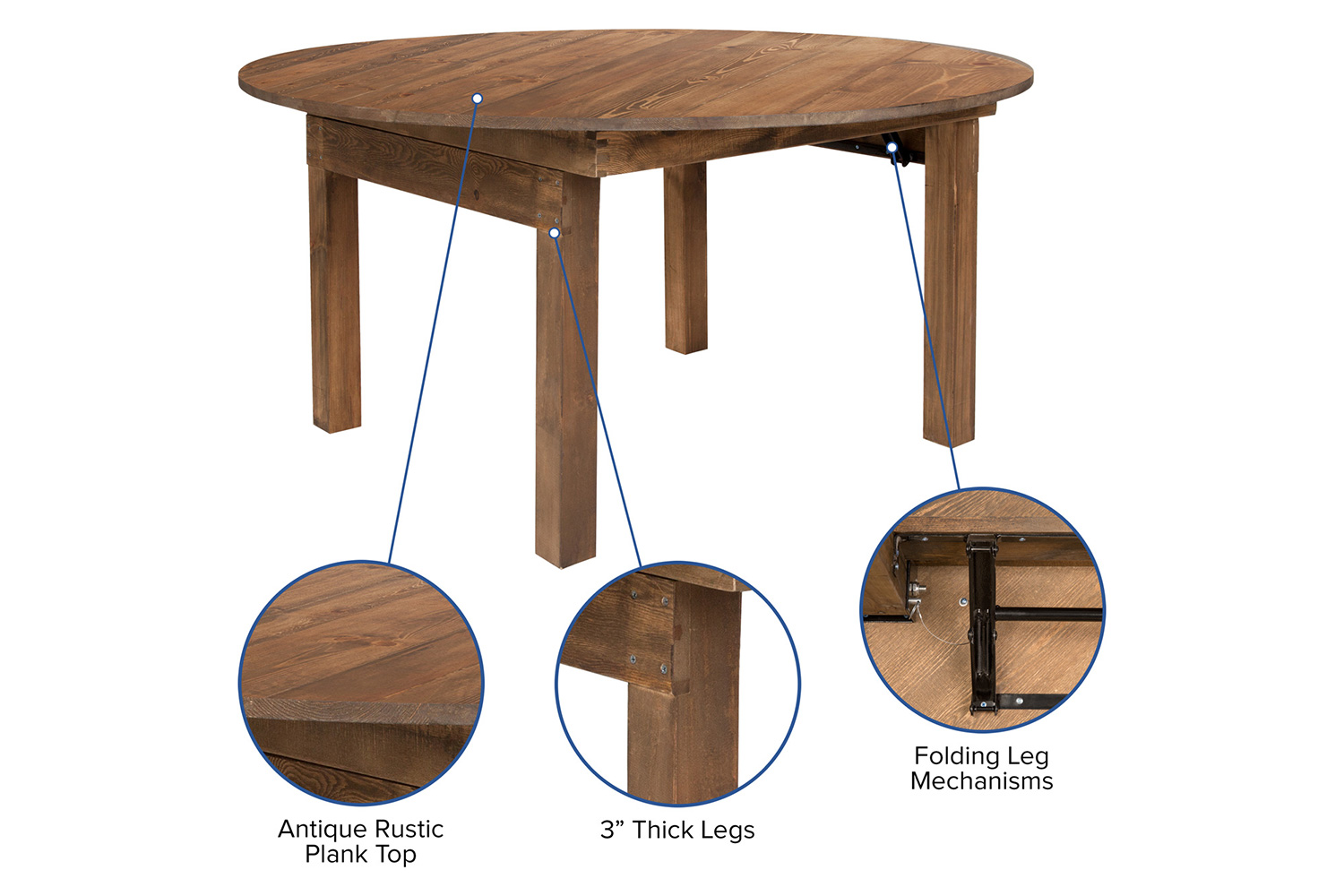 BLNK - HERCULES Series Round Rustic and Antique Pine Dining Table