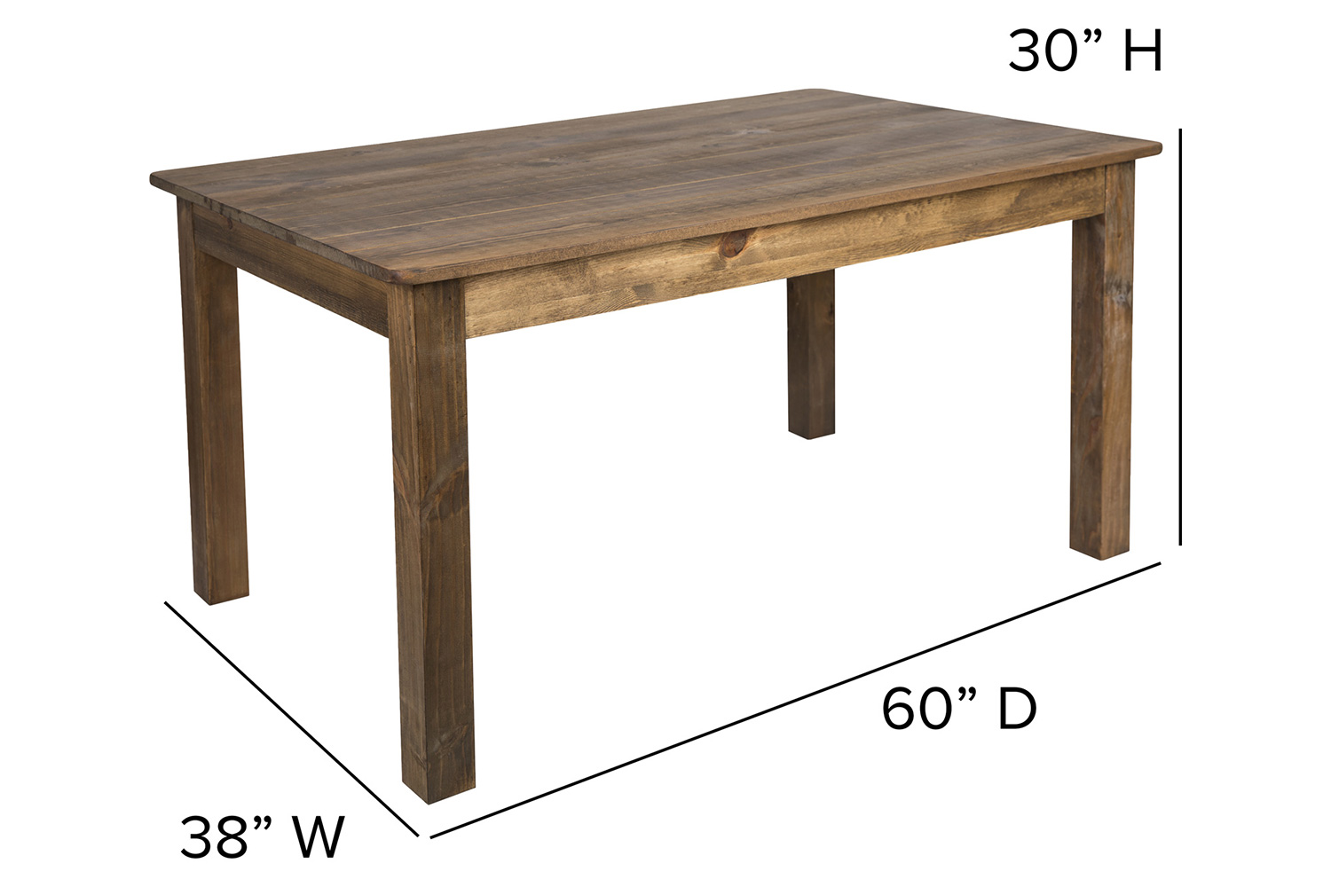 BLNK HERCULES Rectangular Antique Rustic Solid Pine Farm Dining Table - 38"W x 60"L