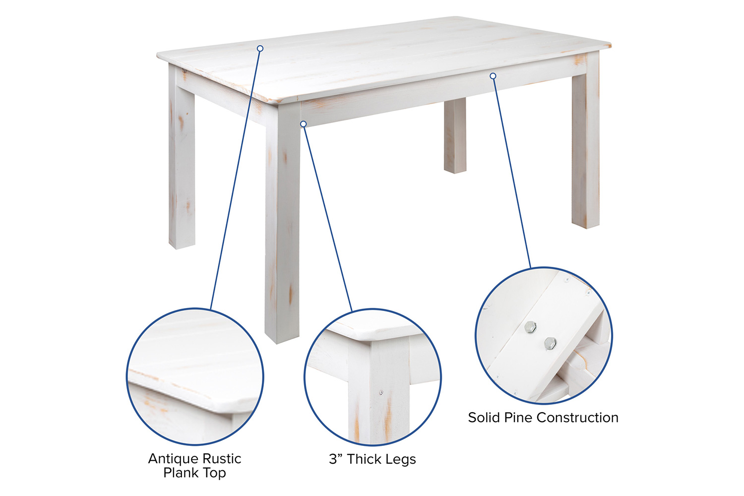 BLNK HERCULES Series Rectangular Antique Rustic White Solid Pine Farm Dining Table - 38"W x 60"L