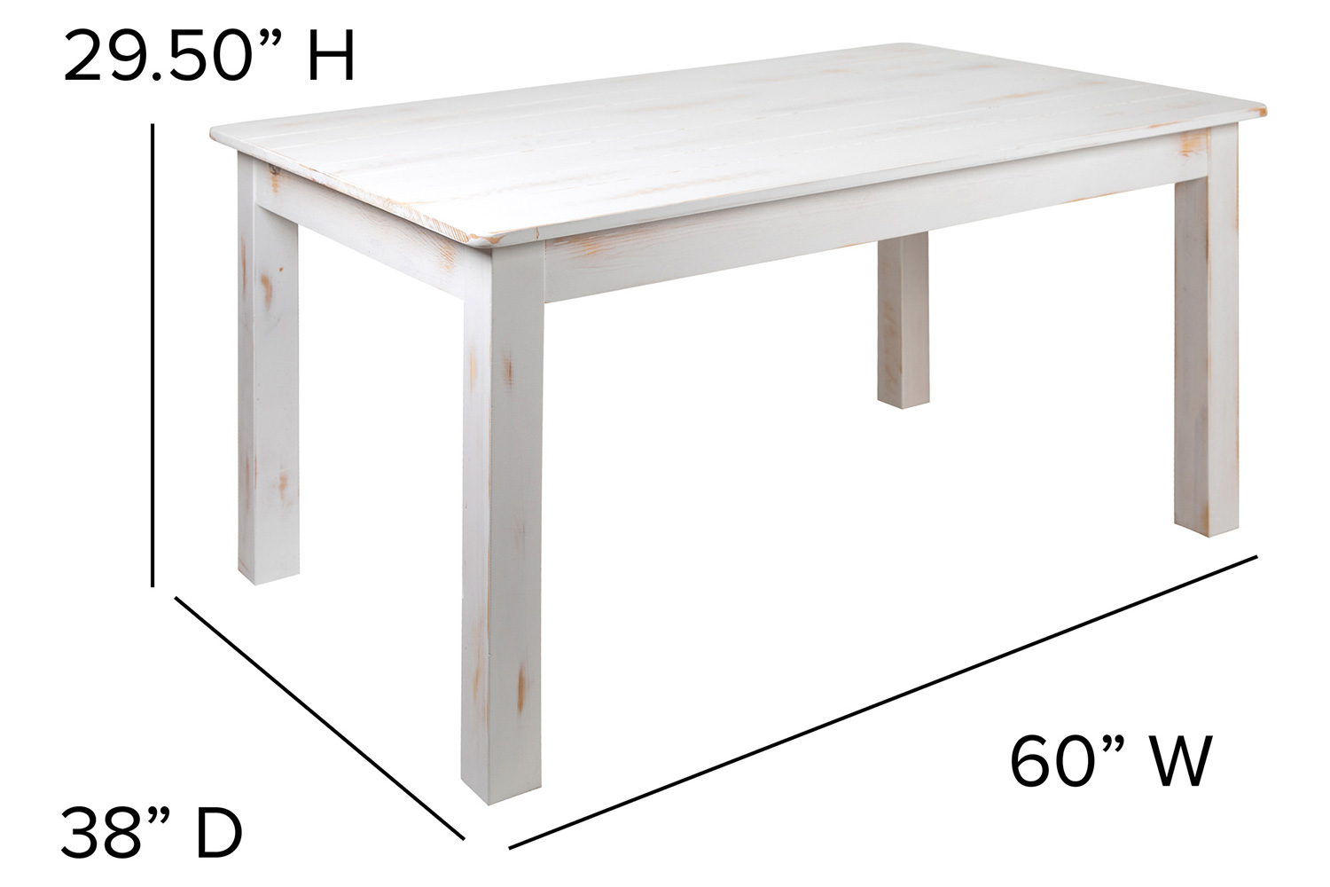 BLNK HERCULES Series Rectangular Antique Rustic White Solid Pine Farm Dining Table - 38"W x 60"L