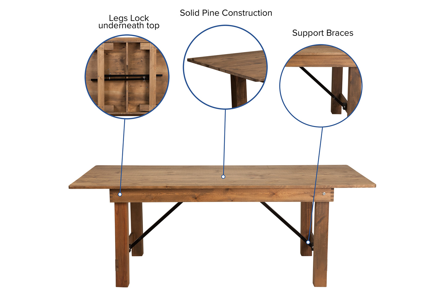 BLNK HERCULES Series Rectangular Antique Rustic Solid Pine Folding Farm Table - Natural, 40"W x 7'L