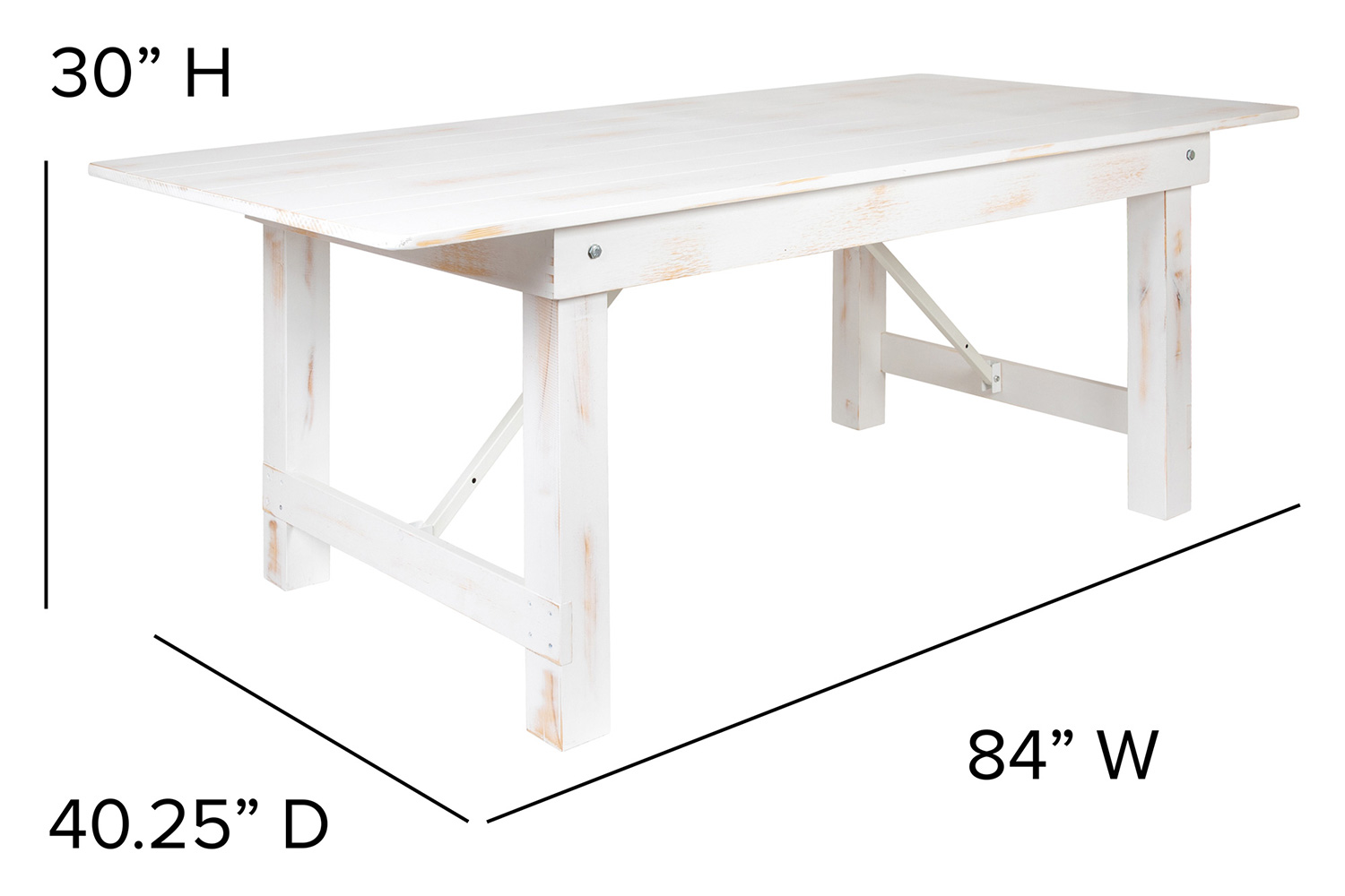 BLNK HERCULES Series Rectangular Antique Rustic Solid Pine Folding Farm Table - White, 40"W x 7'L