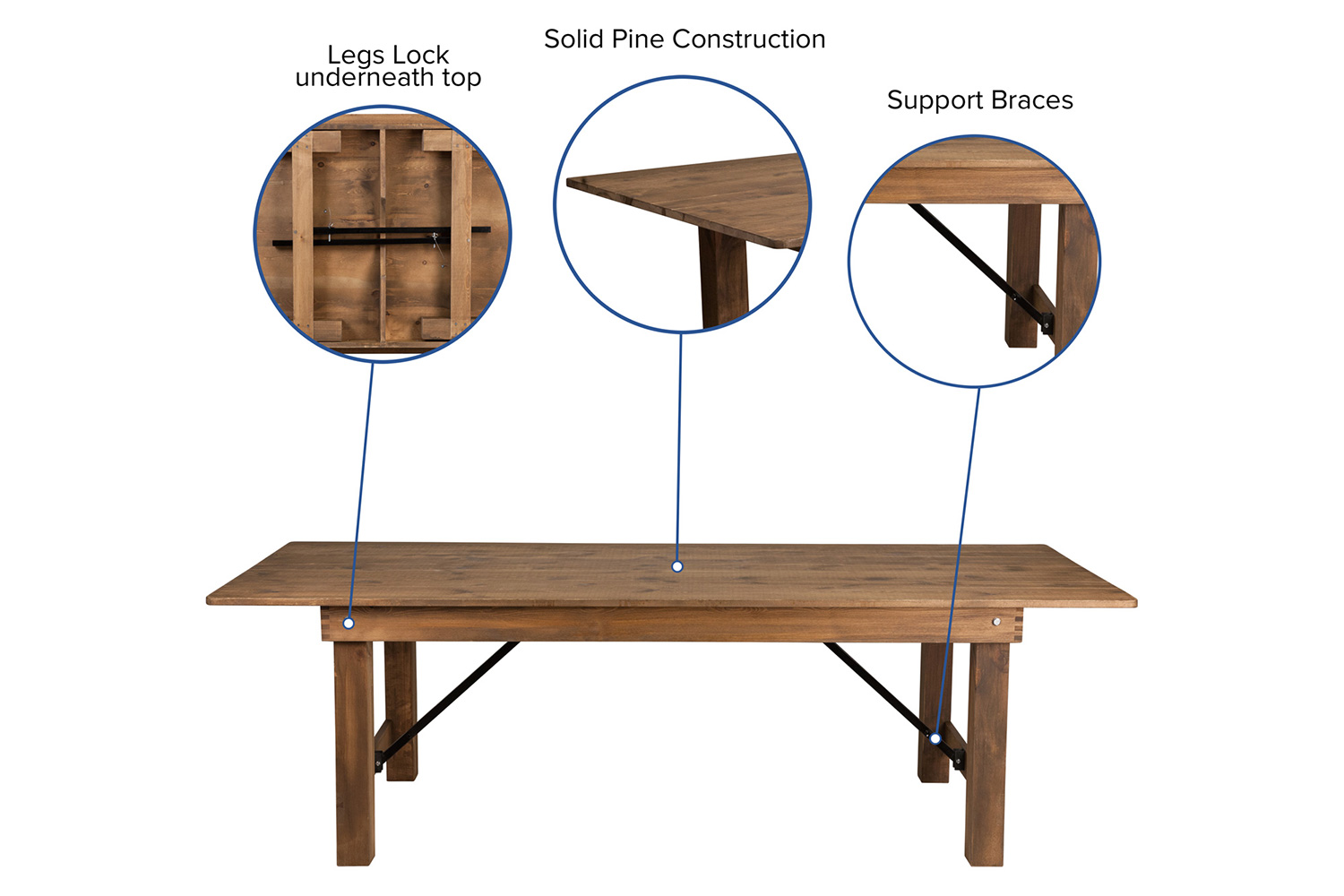 BLNK HERCULES Series Rectangular Antique Rustic Solid Pine Folding Farm Table - Natural, 40"W x 8'L