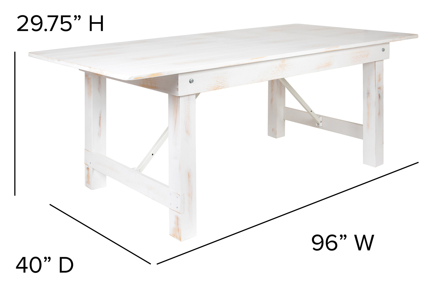 BLNK HERCULES Series Rectangular Antique Rustic Solid Pine Folding Farm Table - White, 40"W x 8'L