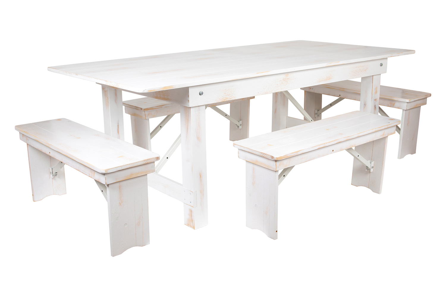 BLNK HERCULES Series Antique Rustic Folding Farm Table and Four Bench Set - White, 40"W x 7'L