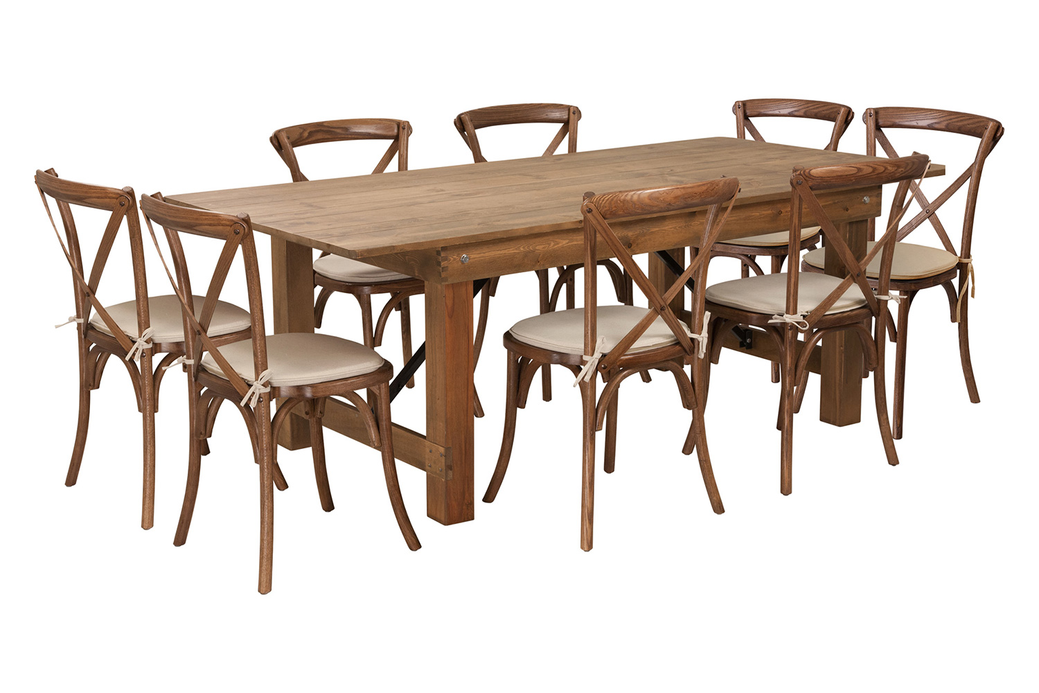 BLNK HERCULES Series Antique Rustic Folding Farm Table Set with 8 Cross Back Chairs and Cushions - 40"W x 7'L