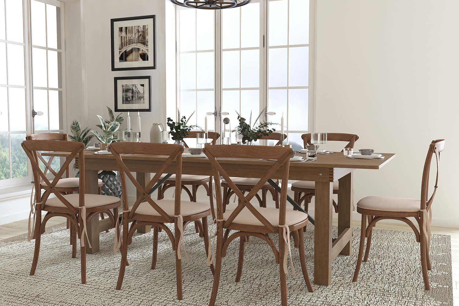 BLNK HERCULES Series Antique Rustic Folding Farm Table Set with 8 Cross Back Chairs and Cushions