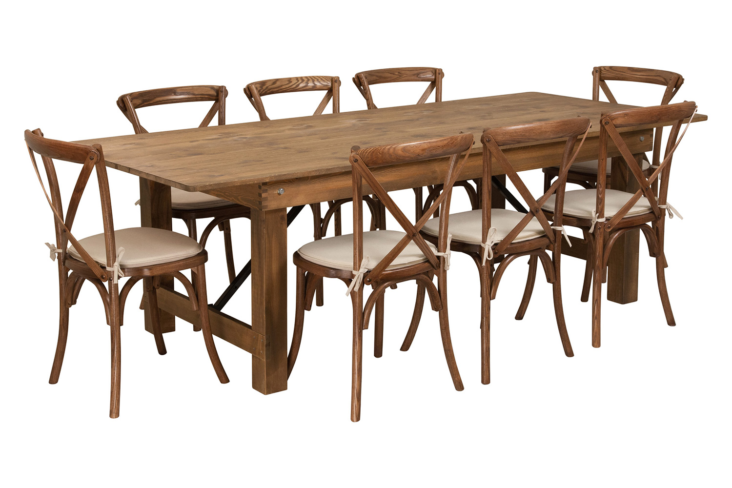 BLNK HERCULES Series Antique Rustic Folding Farm Table Set with 8 Cross Back Chairs and Cushions - 40"W x 8'L