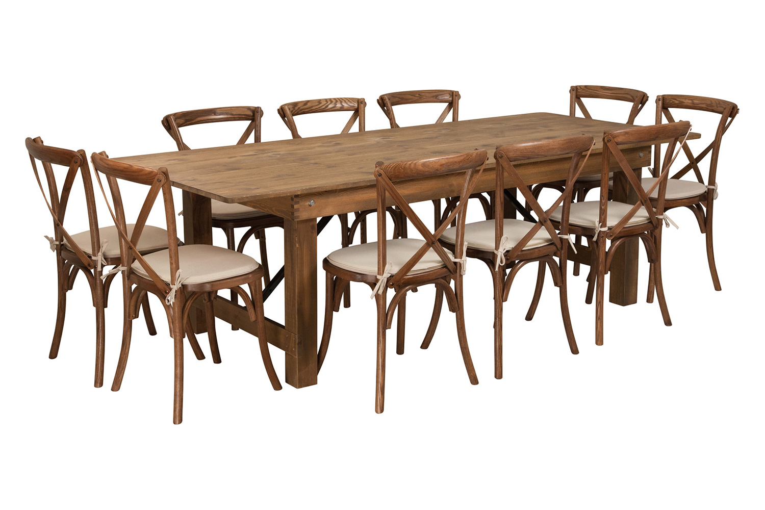 BLNK HERCULES Series Antique Rustic Folding Farm Table Set with 10 Cross Back Chairs and Cushions - 40"W x 8'L