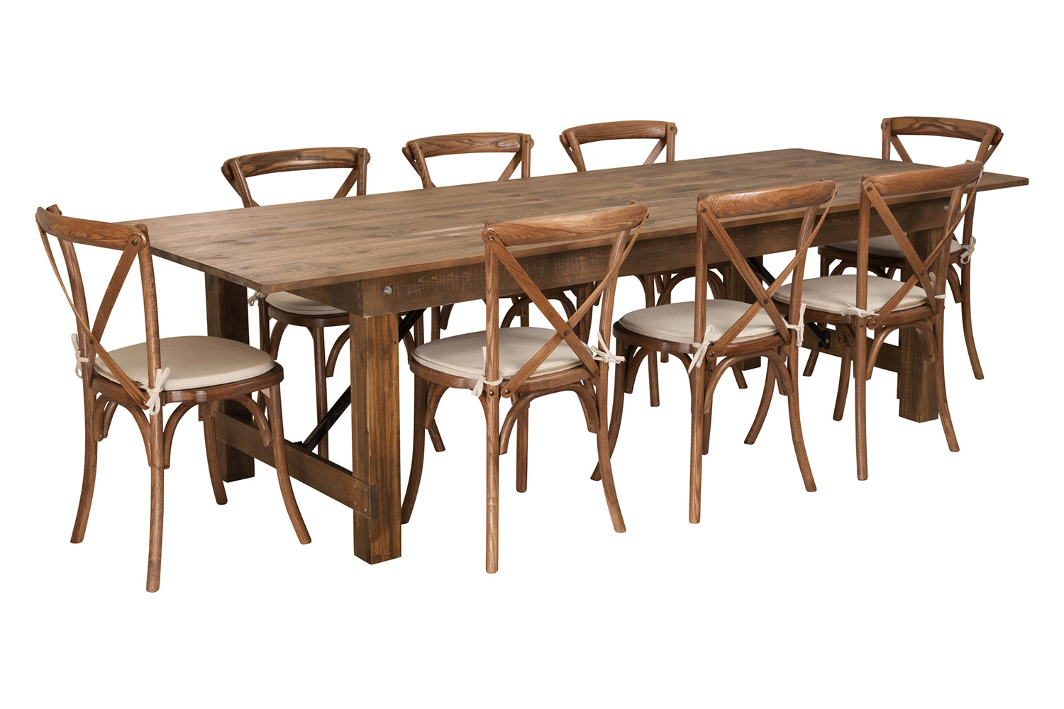 BLNK HERCULES Series Antique Rustic Folding Farm Table Set with 8 Cross Back Chairs and Cushions