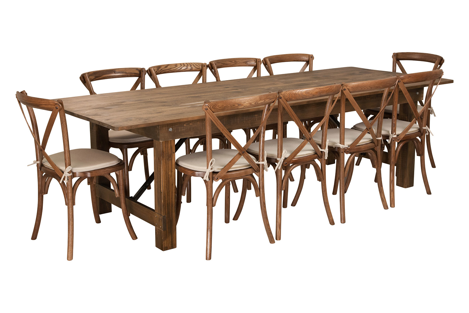 BLNK HERCULES Series Antique Rustic Folding Farm Table Set with 10 Cross Back Chairs and Cushions