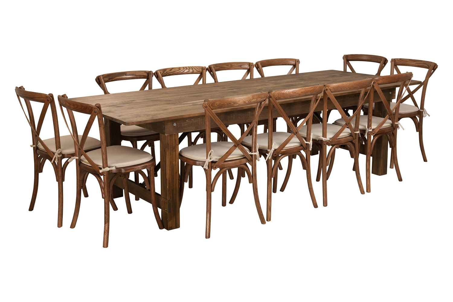 BLNK - HERCULES Series Antique Rustic Folding Farm Table Set with 12 Cross Back Chairs and Cushions