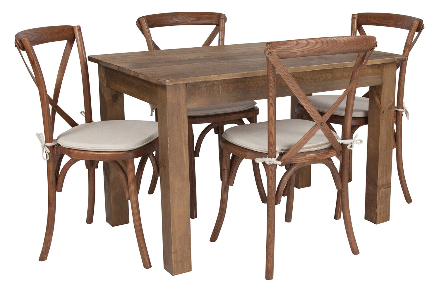 BLNK HERCULES Antique Rustic Farm Table Set with 4 Cross Back Chairs and Cushions