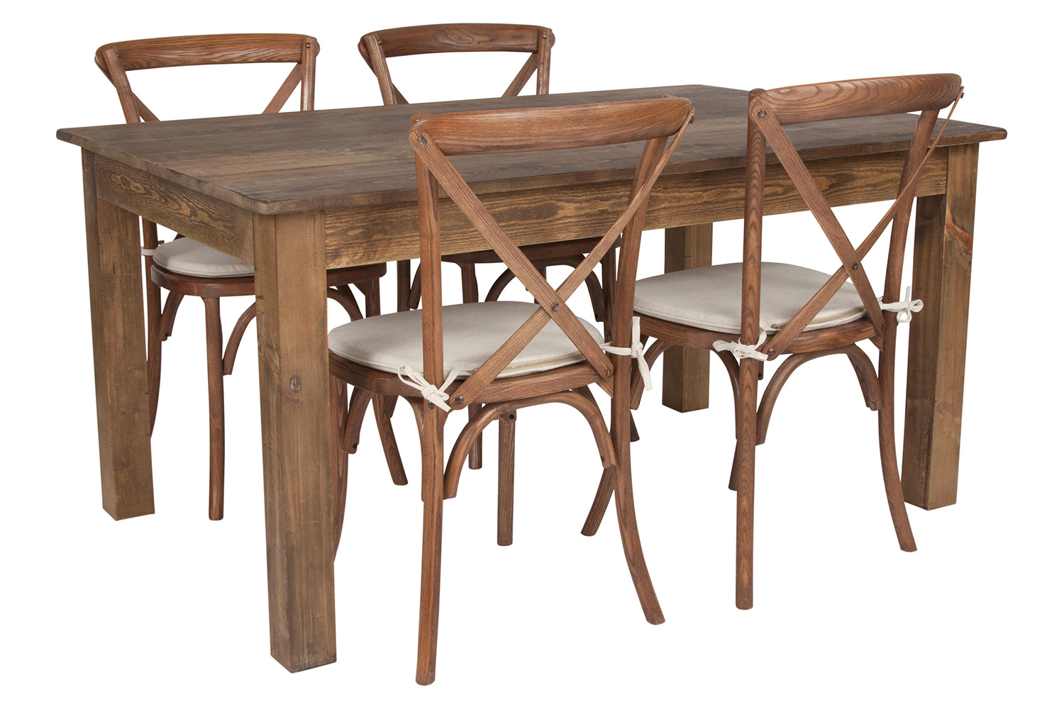 BLNK HERCULES Antique Rustic Farm Table Set with 4 Cross Back Chairs and Cushions - 38"W x 60"L