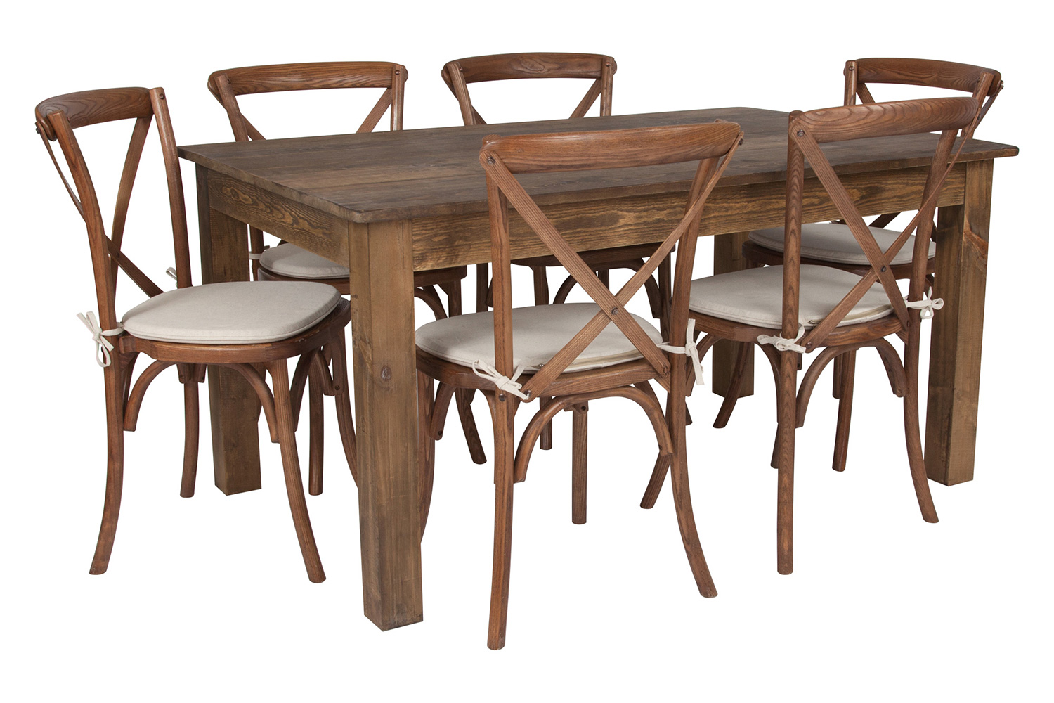 BLNK - HERCULES Antique Rustic Farm Table Set with 6 Cross Back Chairs and Cushions