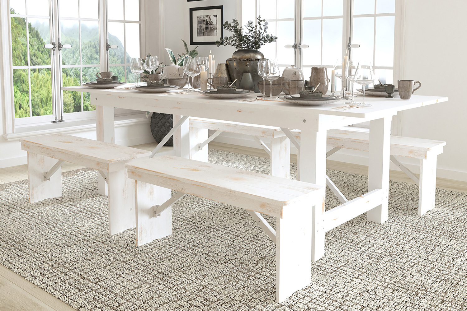 BLNK HERCULES Series Antique Rustic Folding Farm Table and Four 40.25"L Bench Set