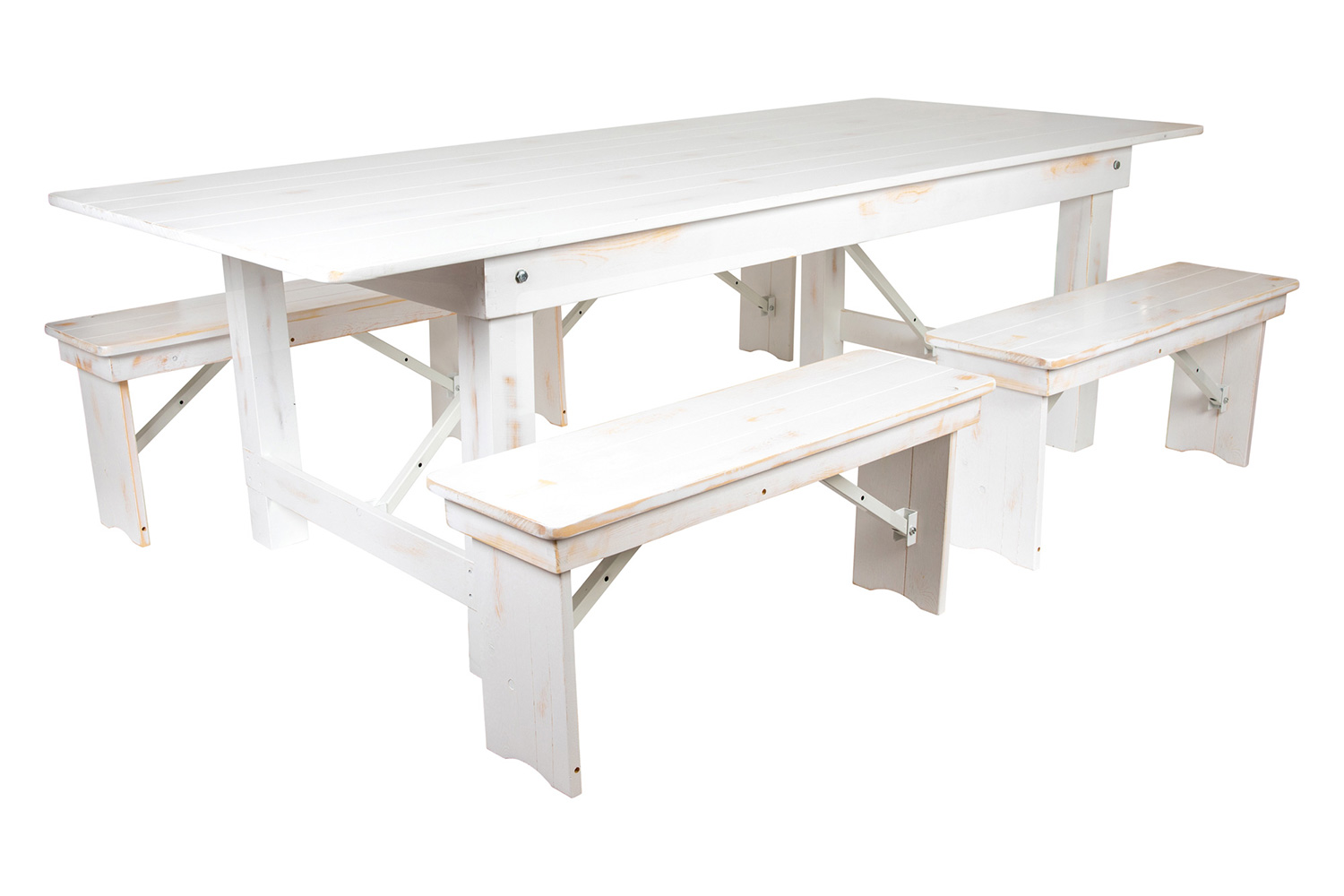 BLNK HERCULES Series Antique Rustic Folding Farm Table and Four 40.25"L Bench Set - White