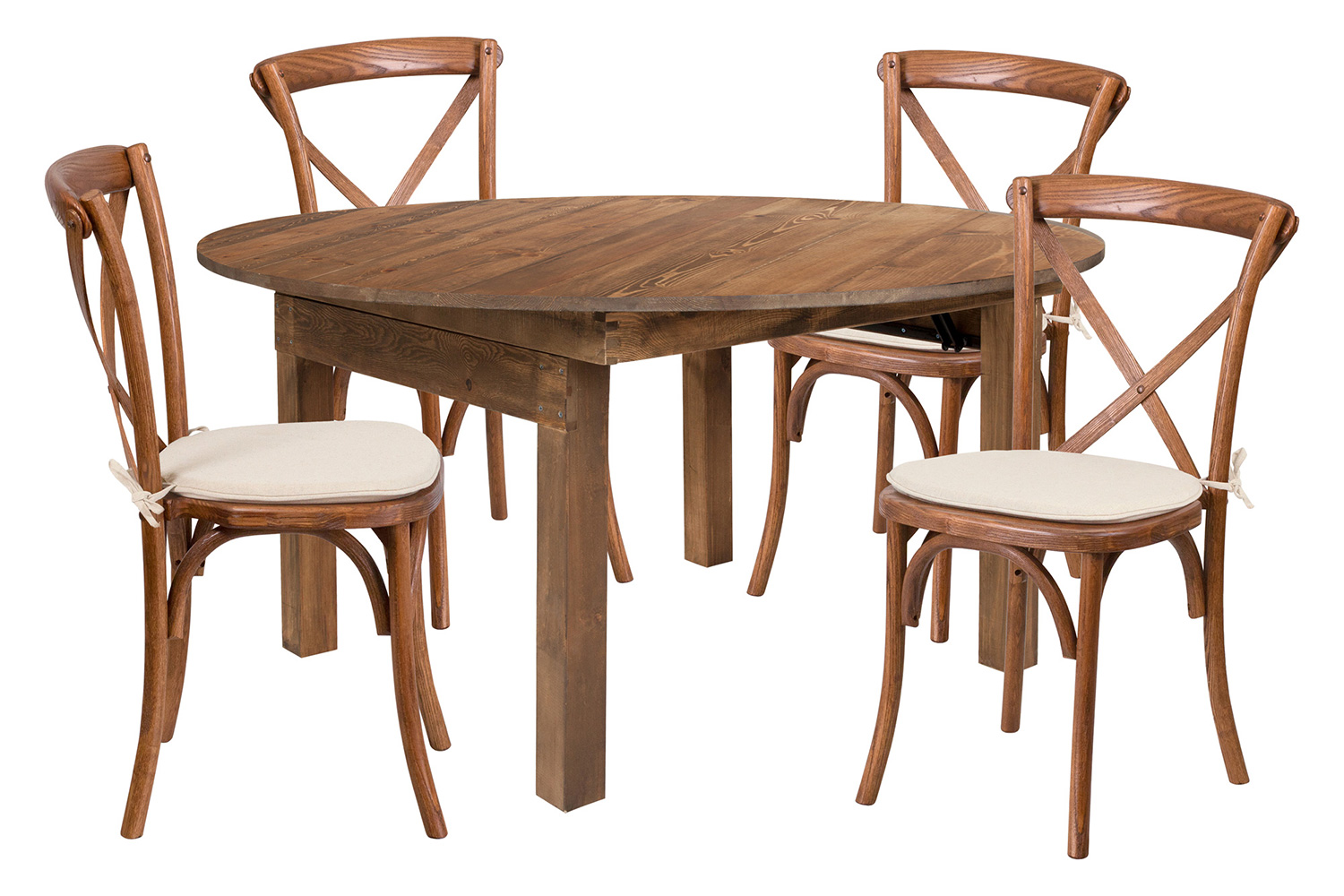 BLNK - HERCULES Series Round Solid Pine Folding Farm Dining Table Set with 4 Cross Back Chairs and Cushions