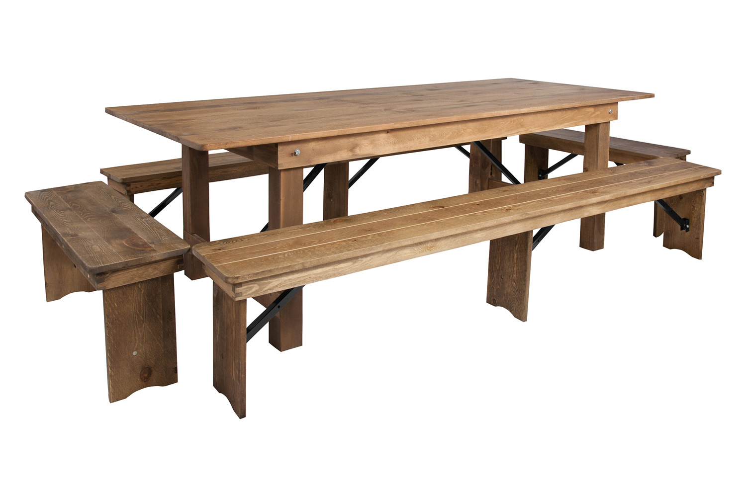 BLNK HERCULES Series Antique Rustic Folding Farm Table and Four Bench Set - Natural, 40"W x 8'L