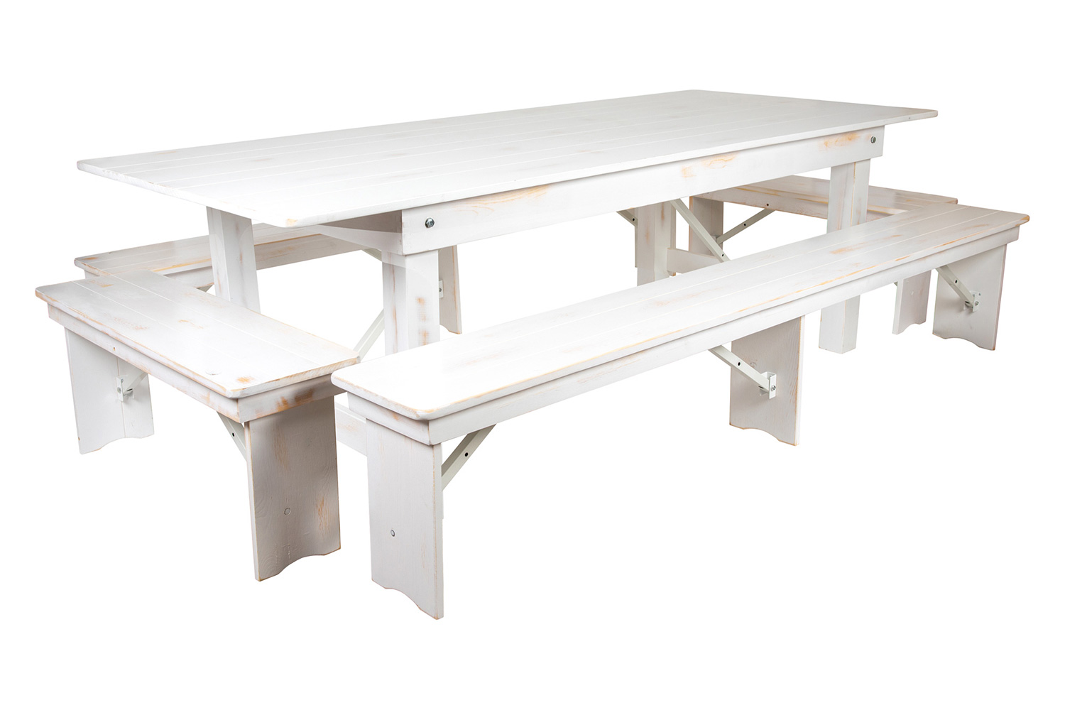 BLNK HERCULES Series Antique Rustic Folding Farm Table and Four Bench Set - White, 40"W x 8'L