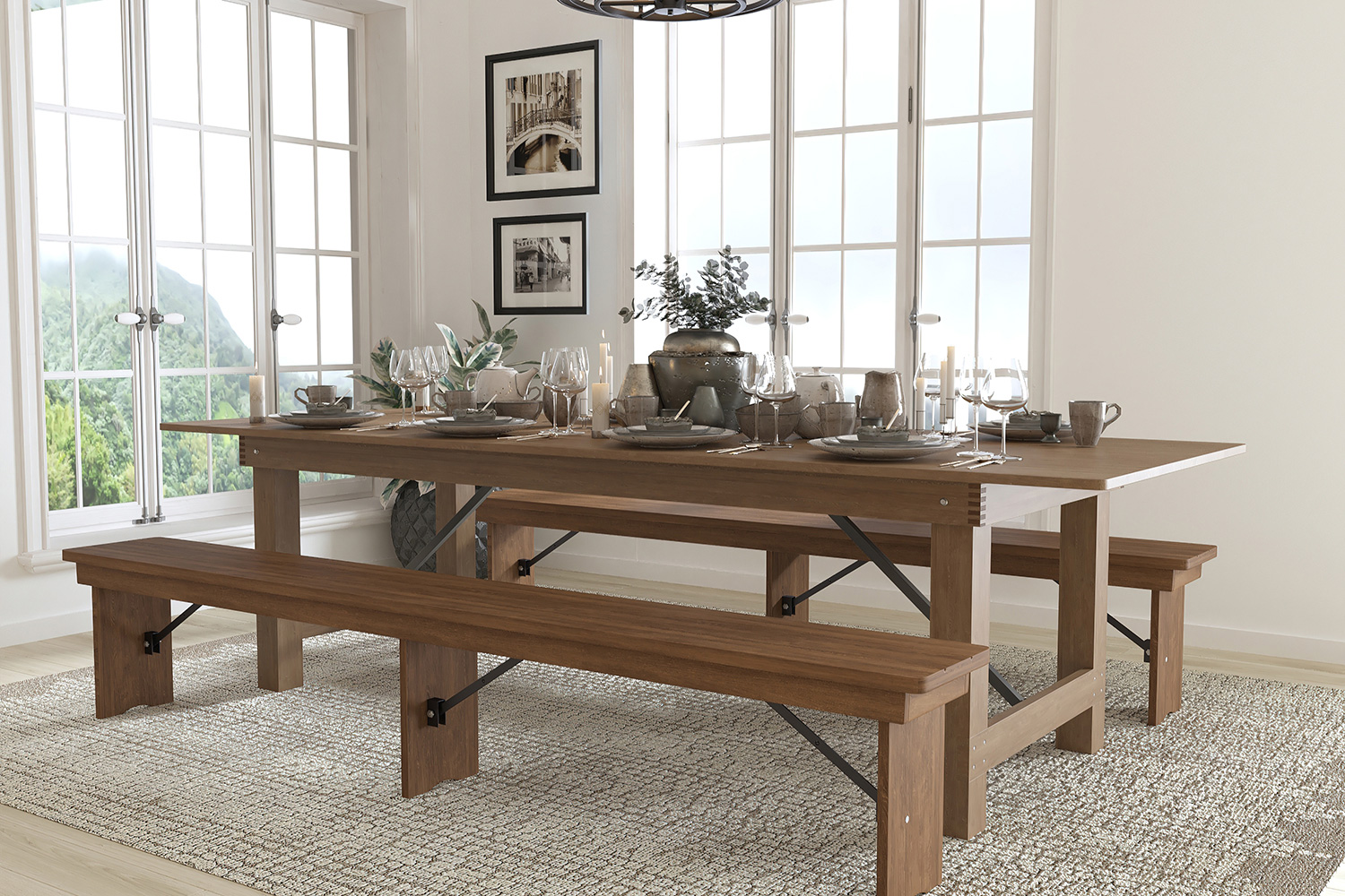 BLNK HERCULES Series Antique Rustic Folding Farm Table and Two Bench Set