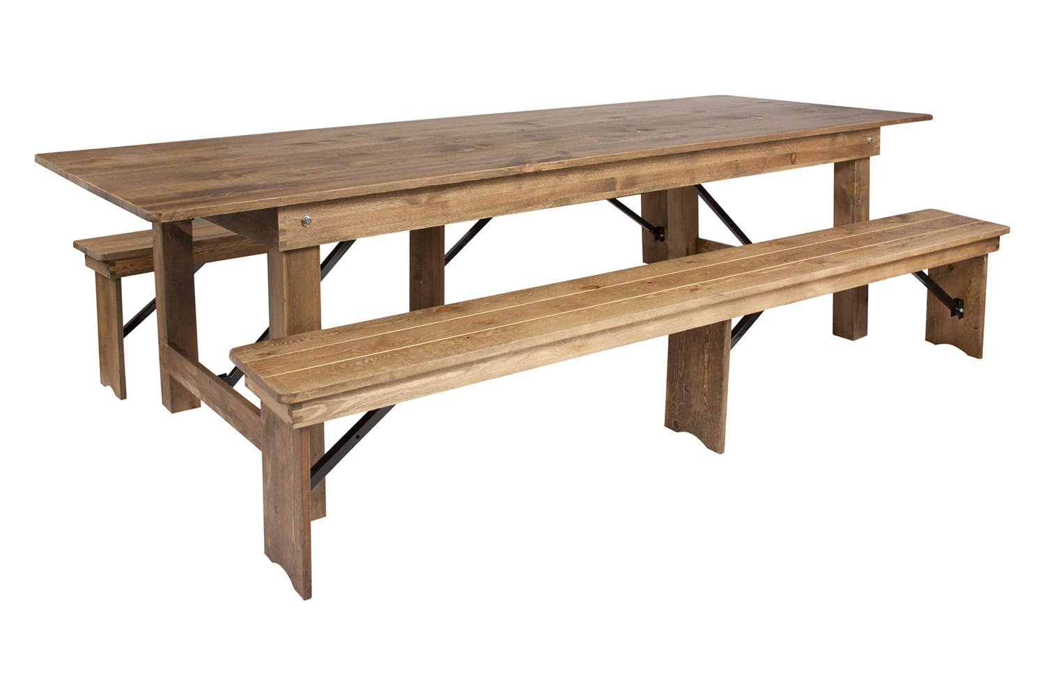 BLNK HERCULES Series Antique Rustic Folding Farm Table and Two Bench Set - Natural, 40"W x 9'L