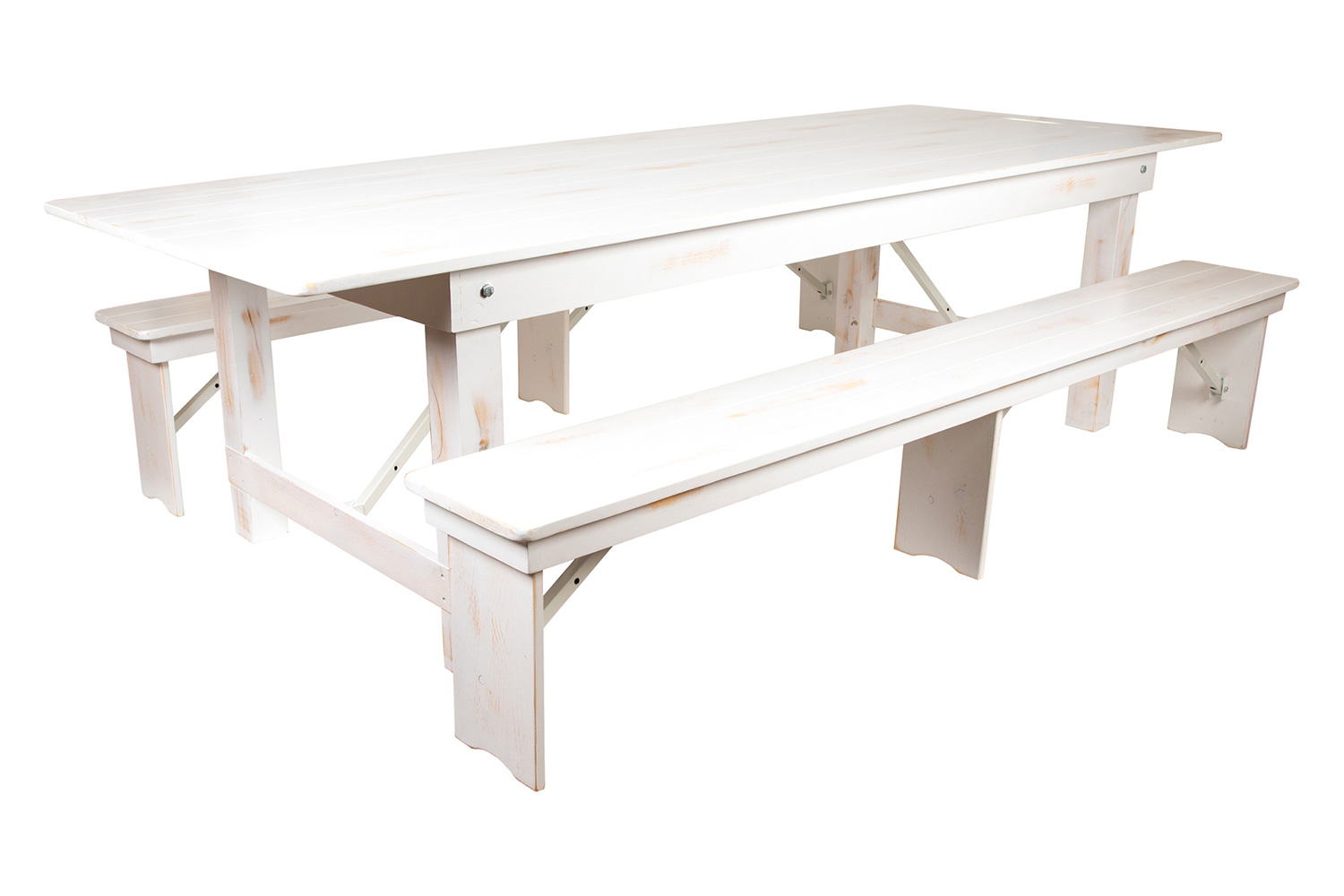 BLNK HERCULES Series Antique Rustic Folding Farm Table and Two Bench Set - White, 40"W x 9'L