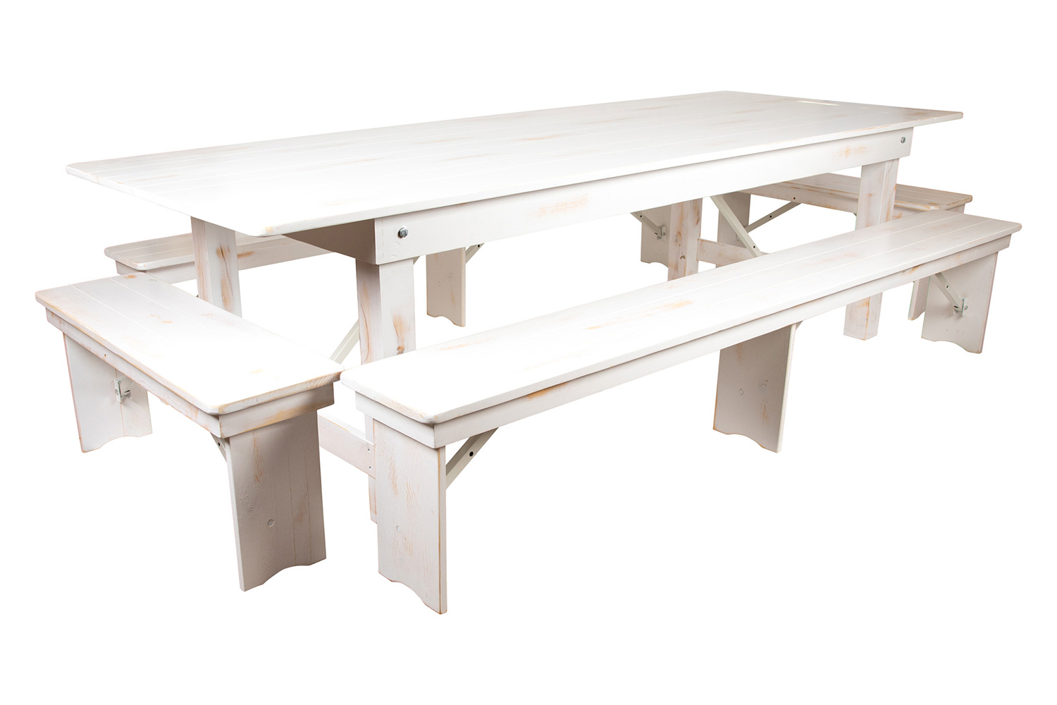 BLNK HERCULES Series Antique Rustic Folding Farm Table and Four Bench Set - White, 40"W x 9'L